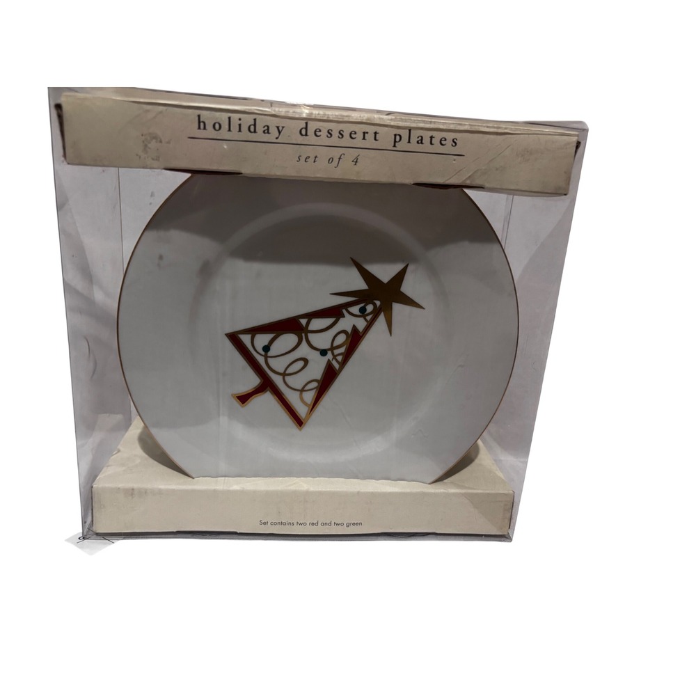 New Pier 1 Imports Holiday Dessert Plates Set of 4 Christmas Tree Red Green Gold